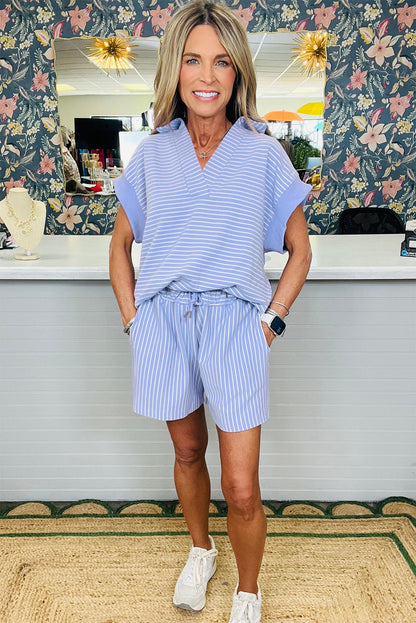 Striped V Neck Lounge Set Short Sleeve Top and Shorts