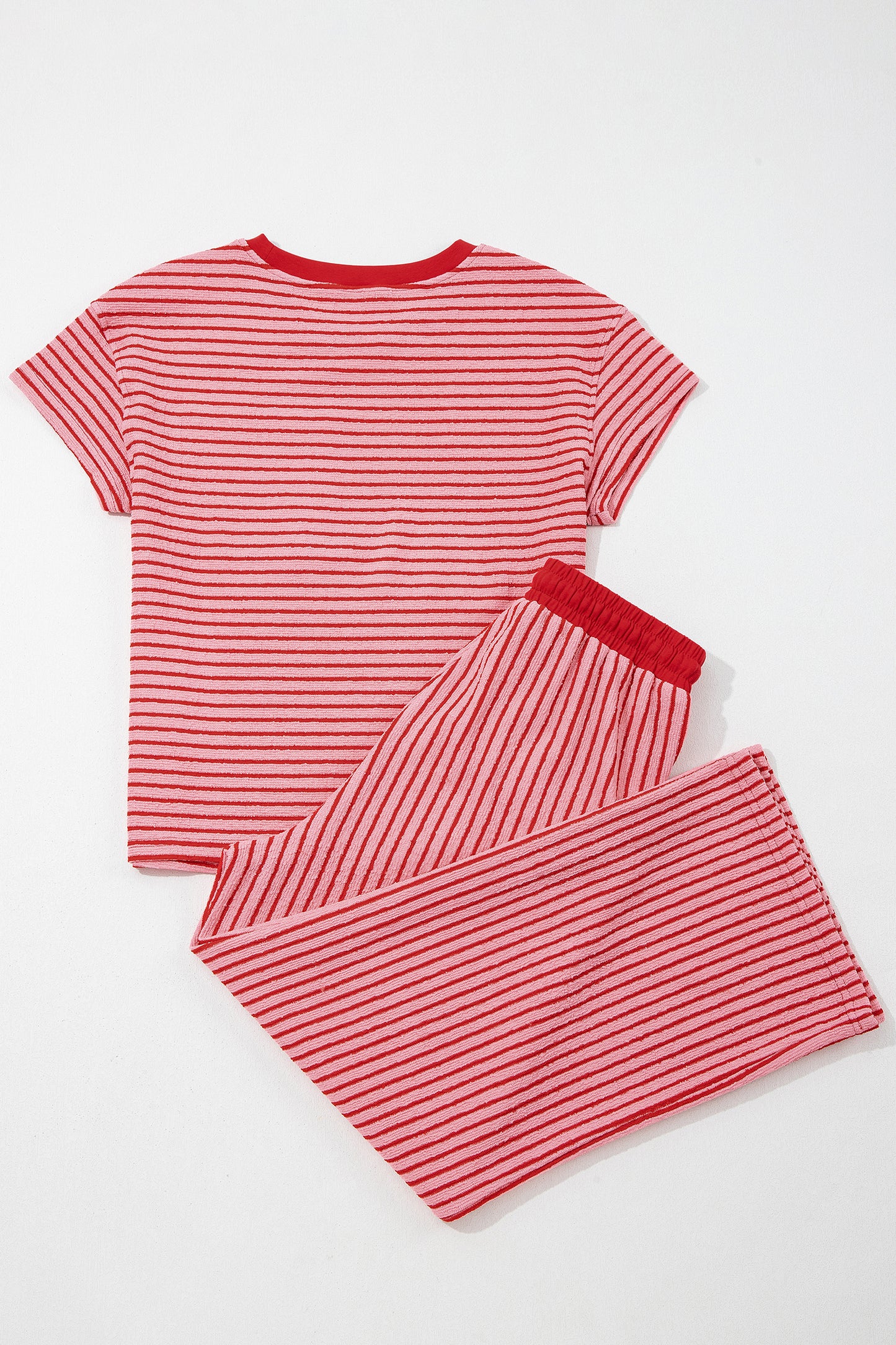 Khaki Stripe Crew Neck Tee Drawstring Waist Cropped Pants Set
