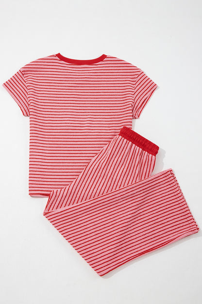 Khaki Stripe Crew Neck Tee Drawstring Waist Cropped Pants Set