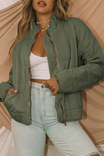 Olive Green Quilted Zip-Up Jacket with Pockets