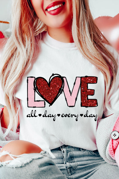 Valentines Day White LOVE Heart Graphic Crew Neck Tee