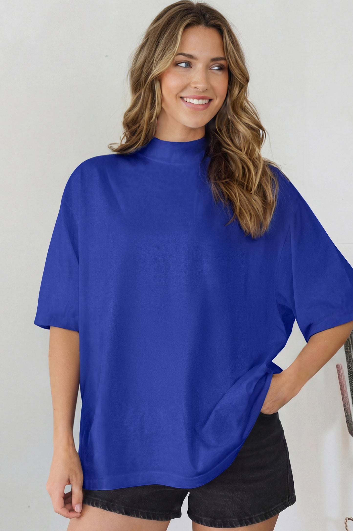 Dark Blue Oversized Mock Neck Tee Casual Relaxed Top