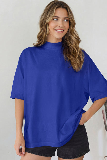 Dark Blue Oversized Mock Neck Tee Casual Relaxed Top