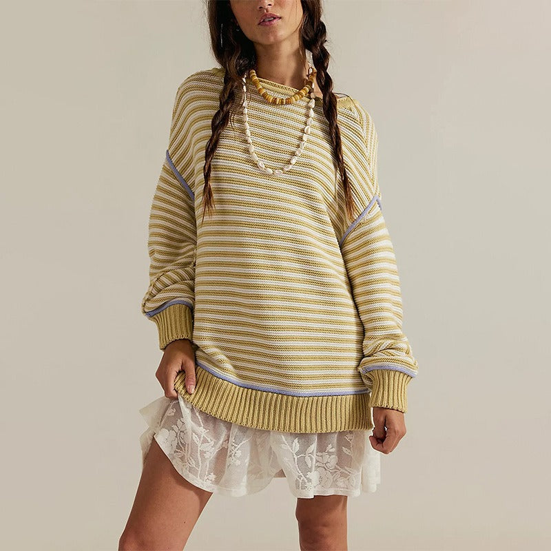 Striped Crewneck Knit Sweater - Loose Fit Pullover Top