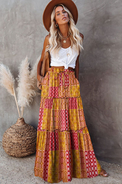 Paisley Print Tiered Maxi Skirt with Pockets