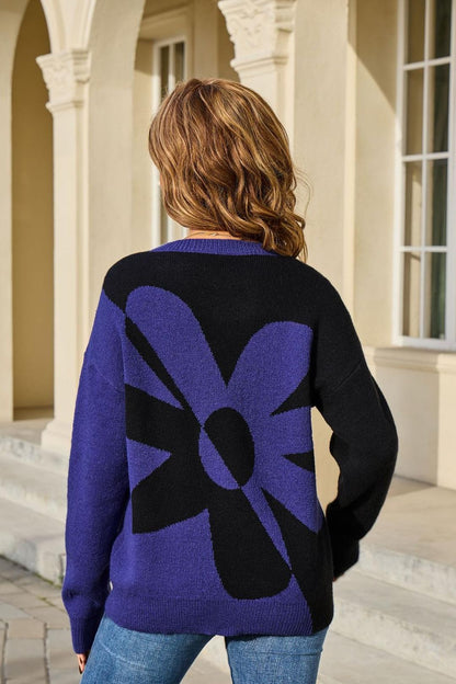 Colorblock Floral Knit Sweater – Pullover Top for Fall Women