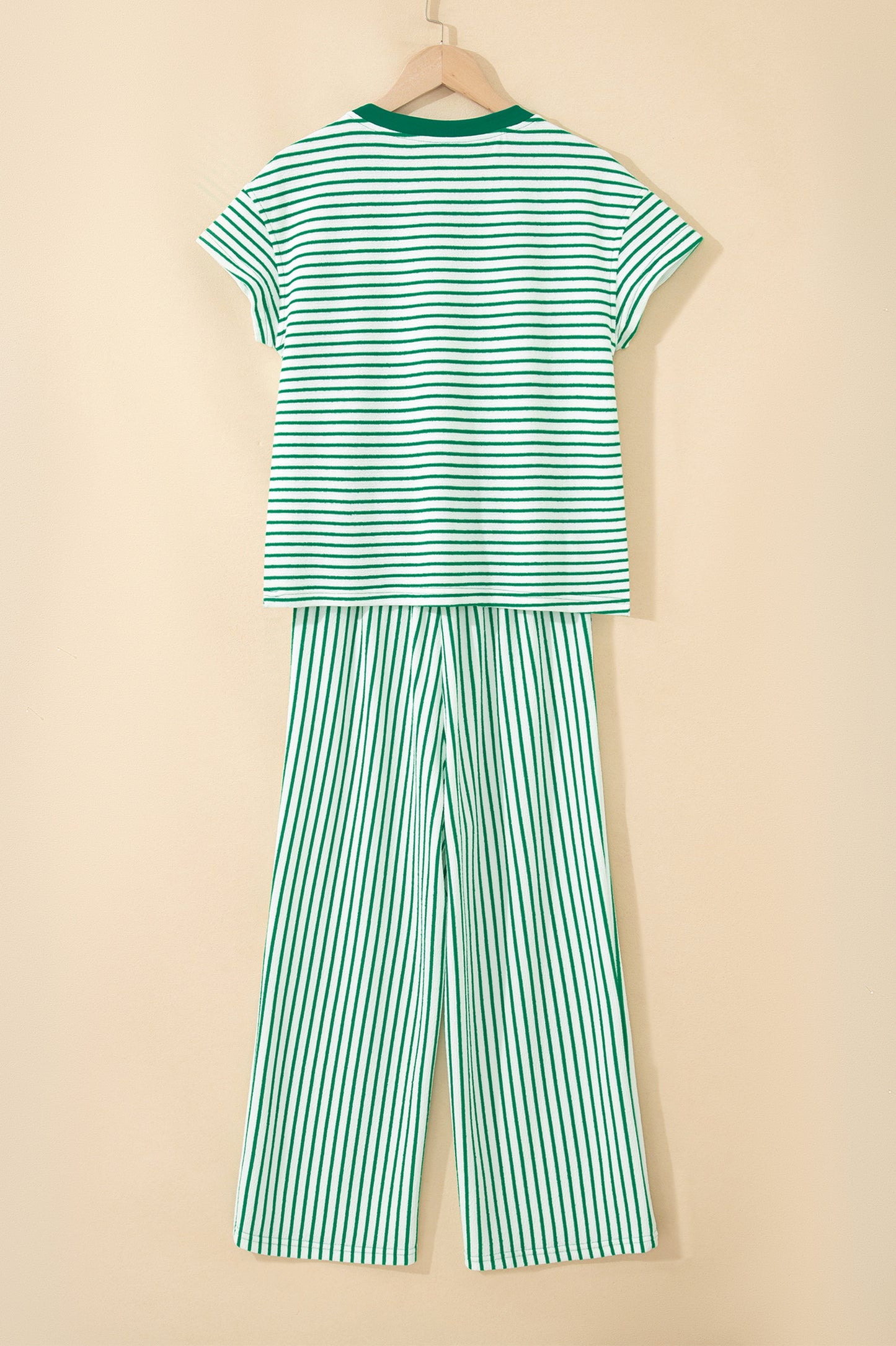 Khaki Stripe Crew Neck Tee Drawstring Waist Cropped Pants Set