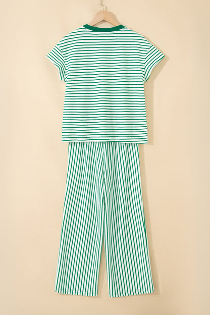 Khaki Stripe Crew Neck Tee Drawstring Waist Cropped Pants Set