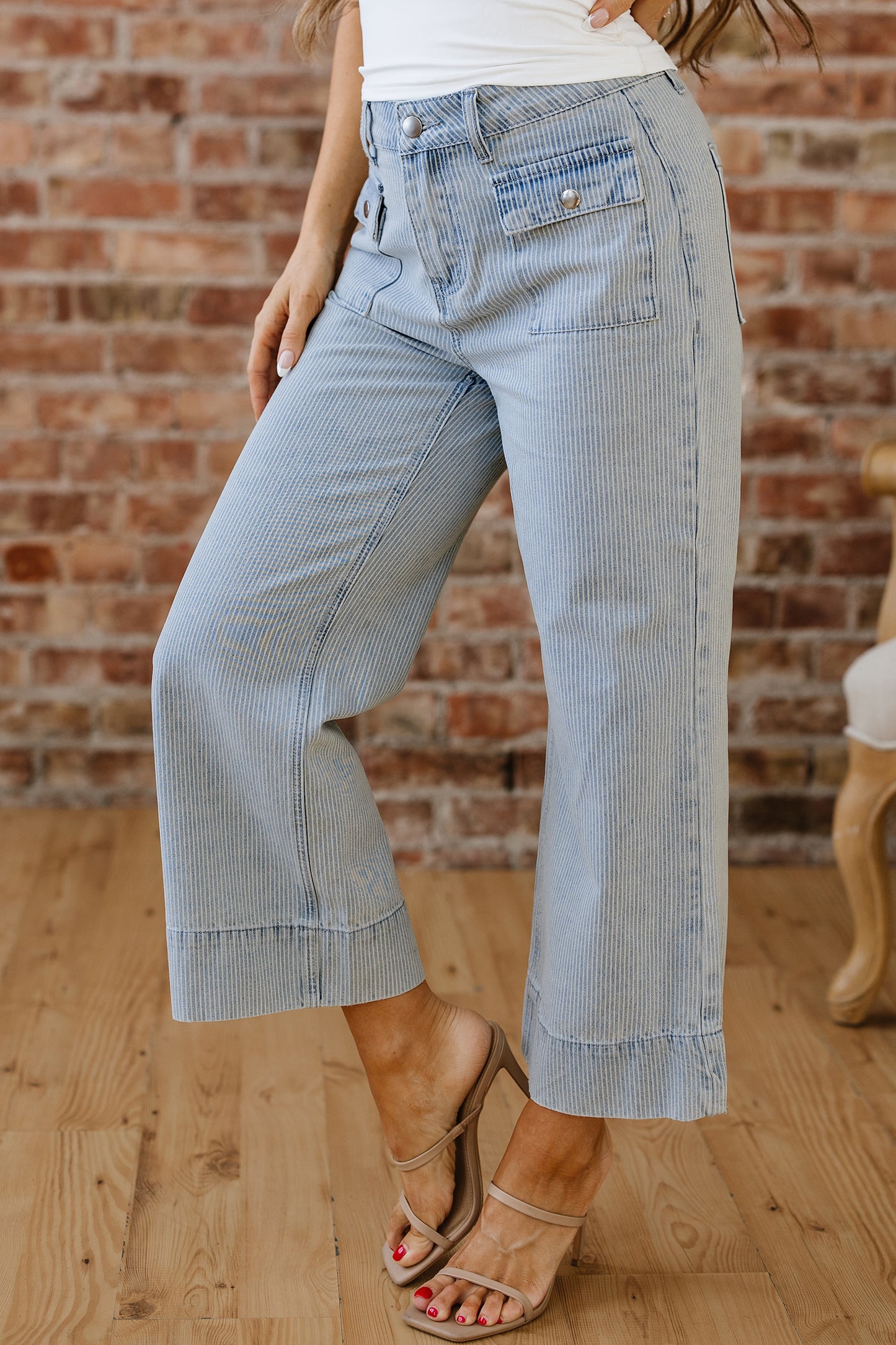 Sky Blue Pinstripe Wide Leg Jeans with Button Flap Pockets