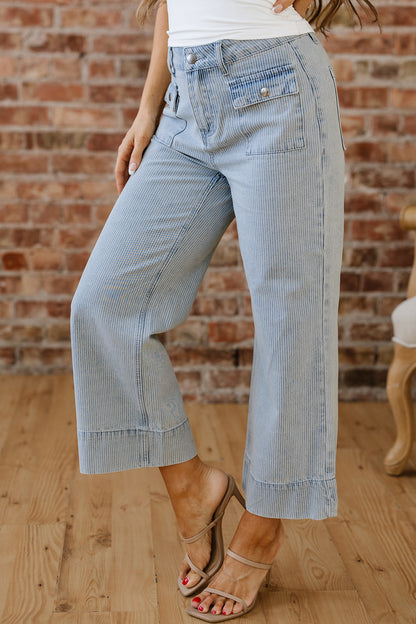 Sky Blue Pinstripe Wide Leg Jeans with Button Flap Pockets