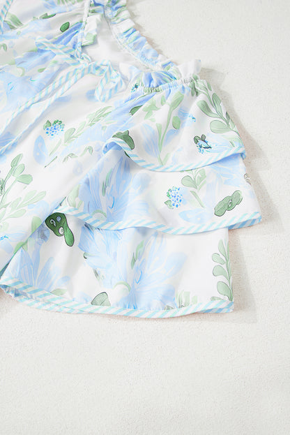 Sky Blue Floral Ruffle Sleeve Tie Neck Mini Dress