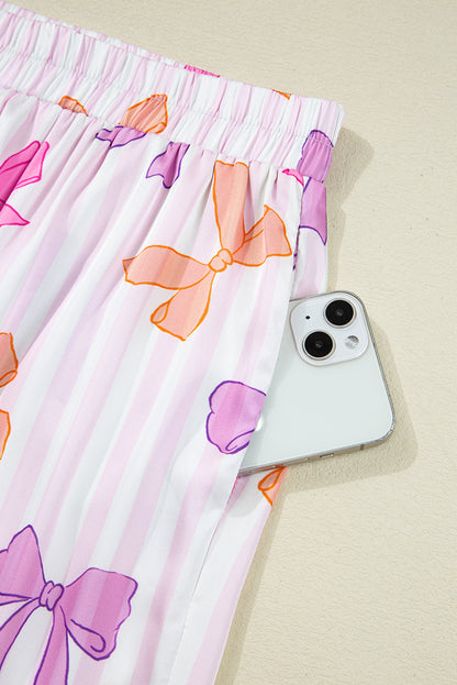 Pink Striped Bow Print Contrast Trim Pajama Set