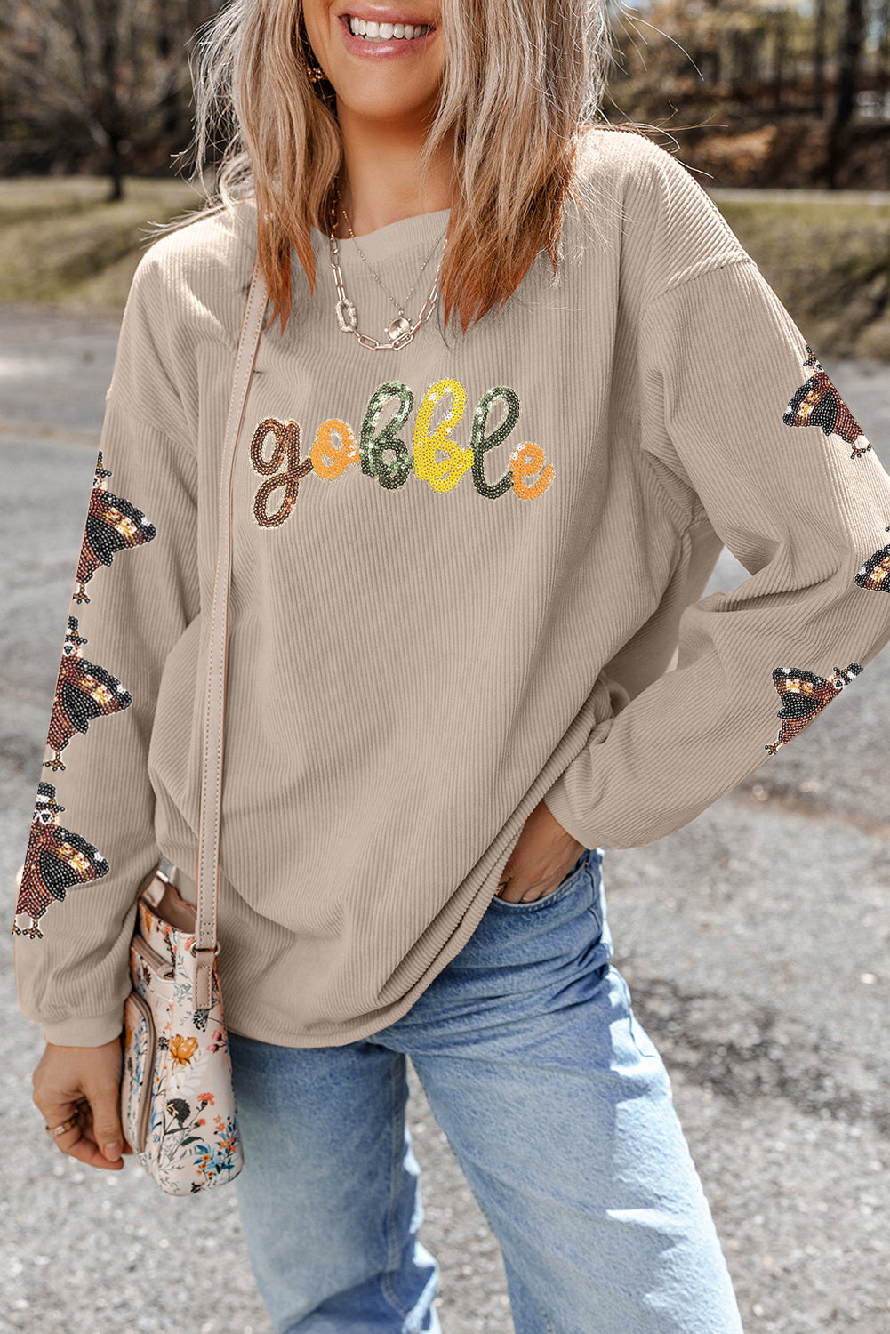 Thanksgiving Turkey Sequin Gobble Corded Sweatshirt