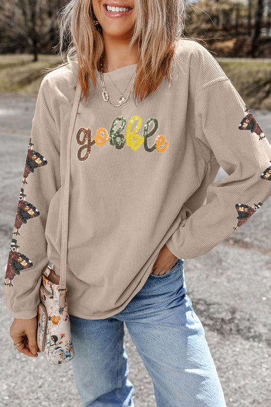 Thanksgiving Turkey Sequin Gobble Corded Sweatshirt
