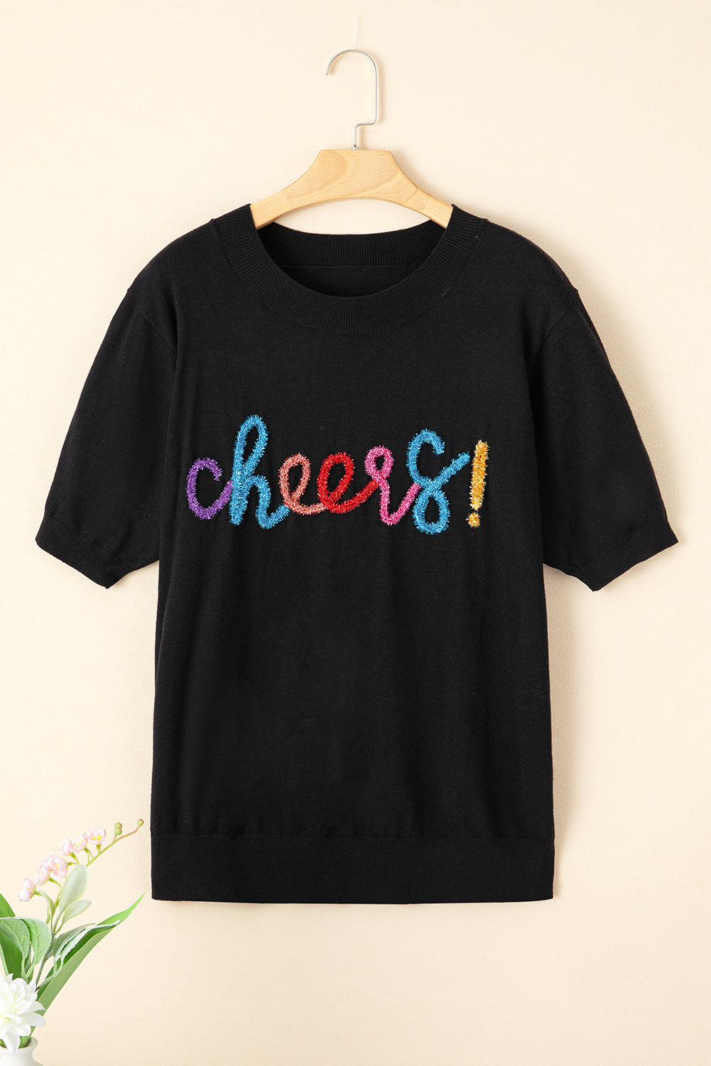 Black Plus Size Cheers Glitter Tinsel Short Sleeve Sweater