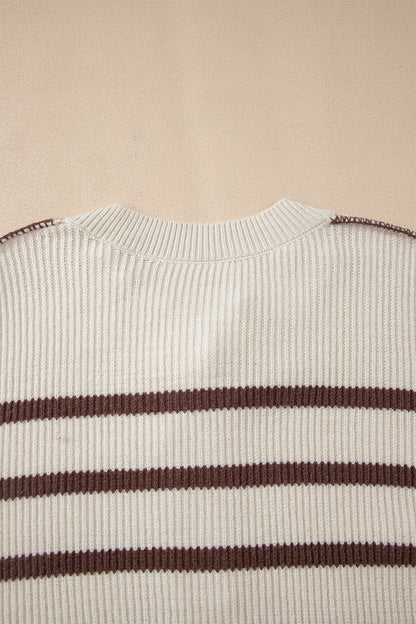 Striped Ribbed Henley Sweater Drop Shoulder Pullover