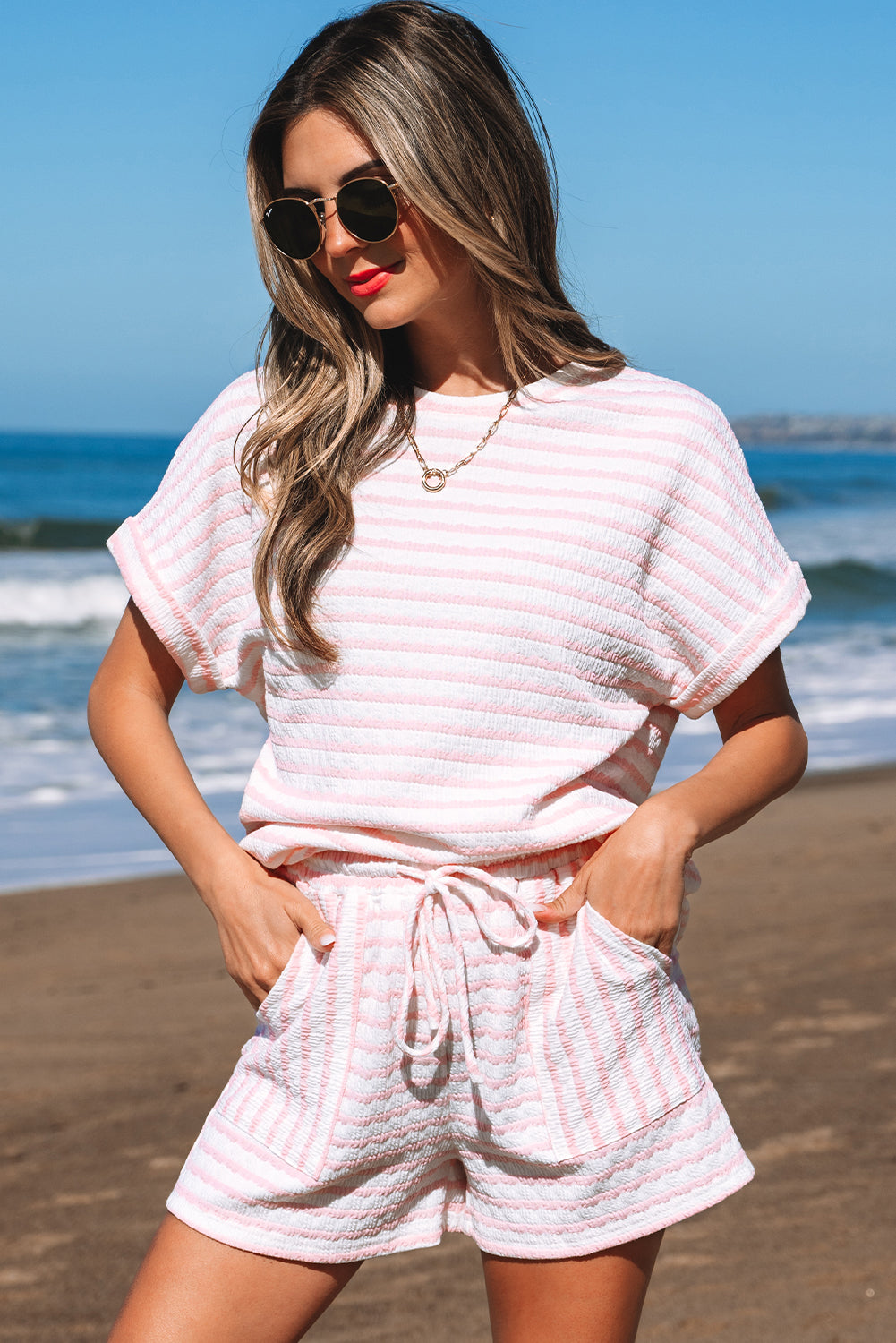 Pink Stripe Textured Knit Lounge Set Drawstring Shorts