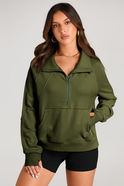 Black Quarter Zip Stand Neck Kangaroo Pocket Sweatshirt