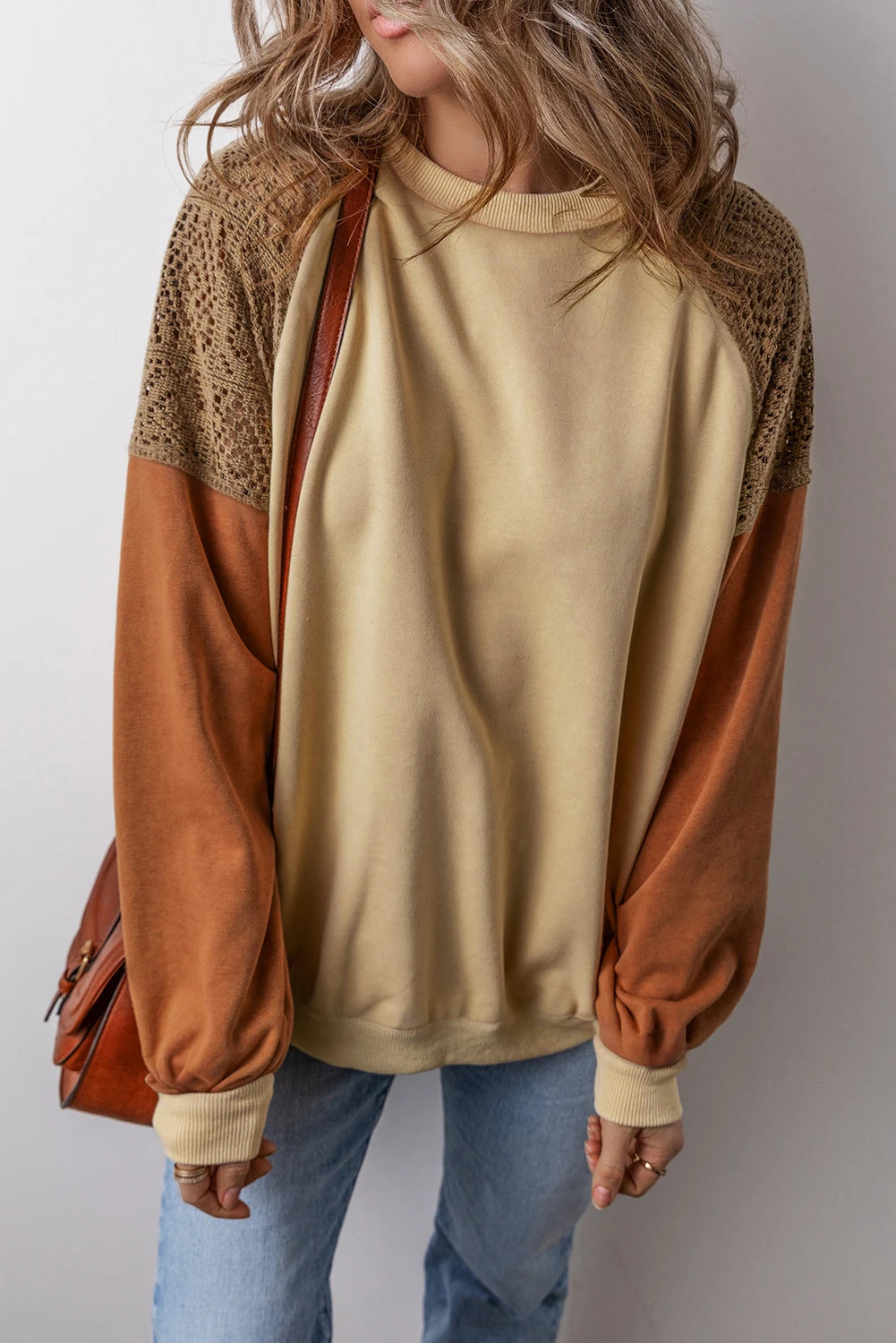 Customizable Khaki Lace Patchwork Colorblock Drop Shoulder Sweatshirt