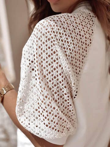 White Crochet Sleeve Crew Neck Summer Knit Tee Women