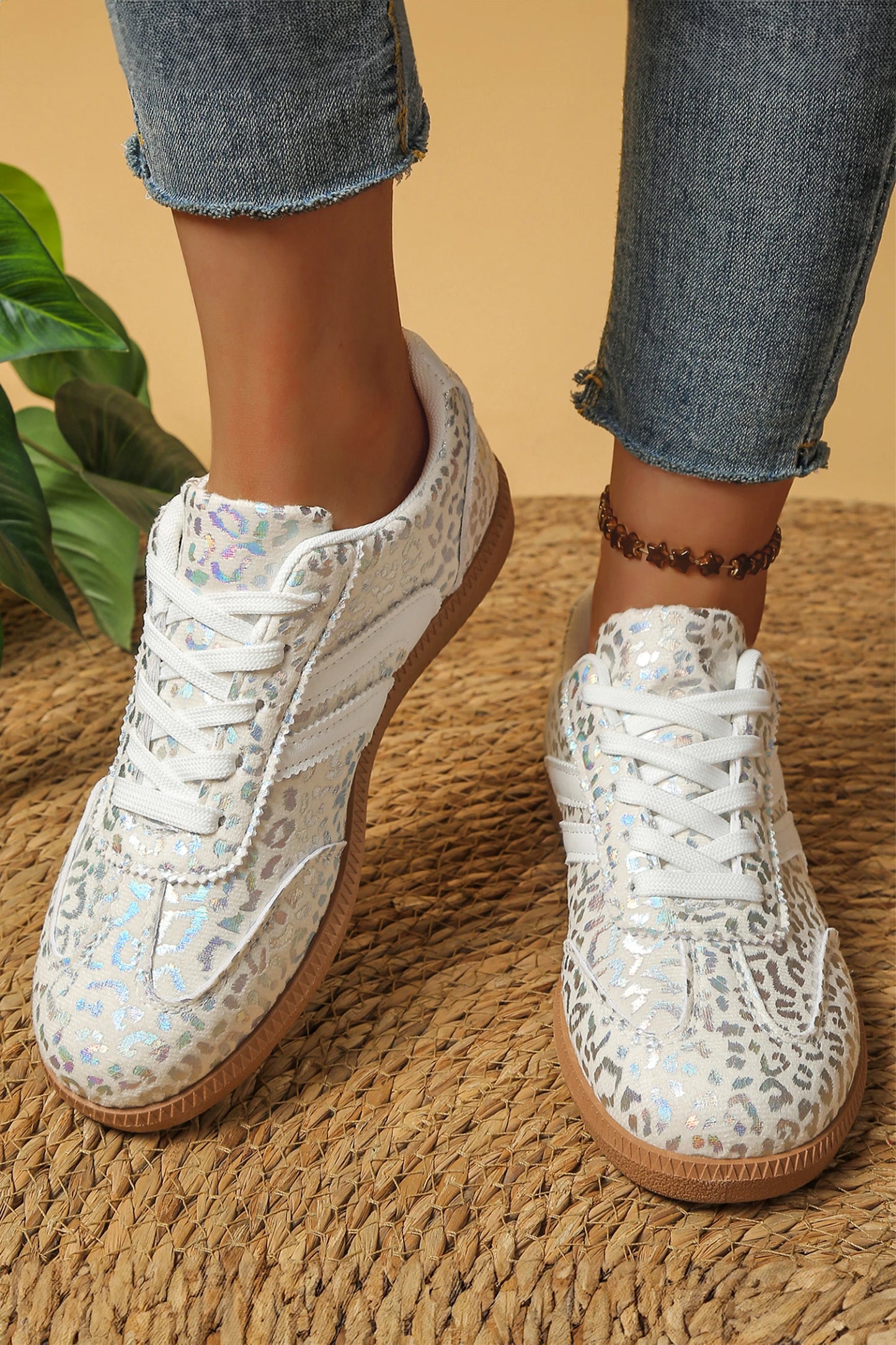 Leopard Print Shimmer Lace Up Sneakers PU Leather Shoes