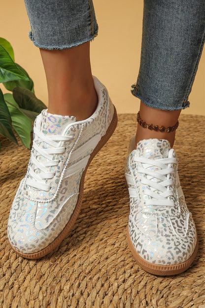 Leopard Print Shimmer Lace Up Sneakers PU Leather Shoes