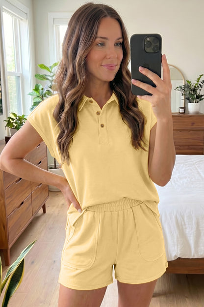 Polo Collar Lounge Set Loose Top and Shorts Outfit