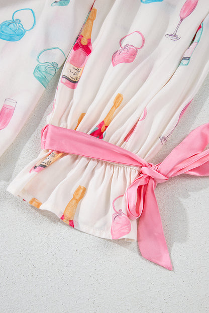 Valentine’s Day White Plus Size Wine Print Bow Pajama Set