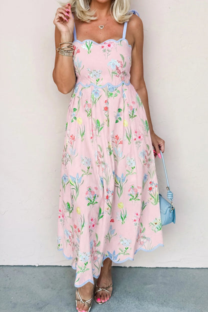 Floral Tie Strap Midi Dress Women Summer Sundress