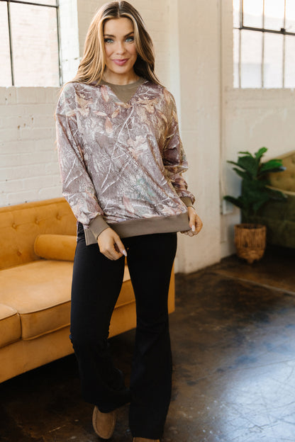 Camo Print Oversized Sweatshirt Colorblock Trim Pullover