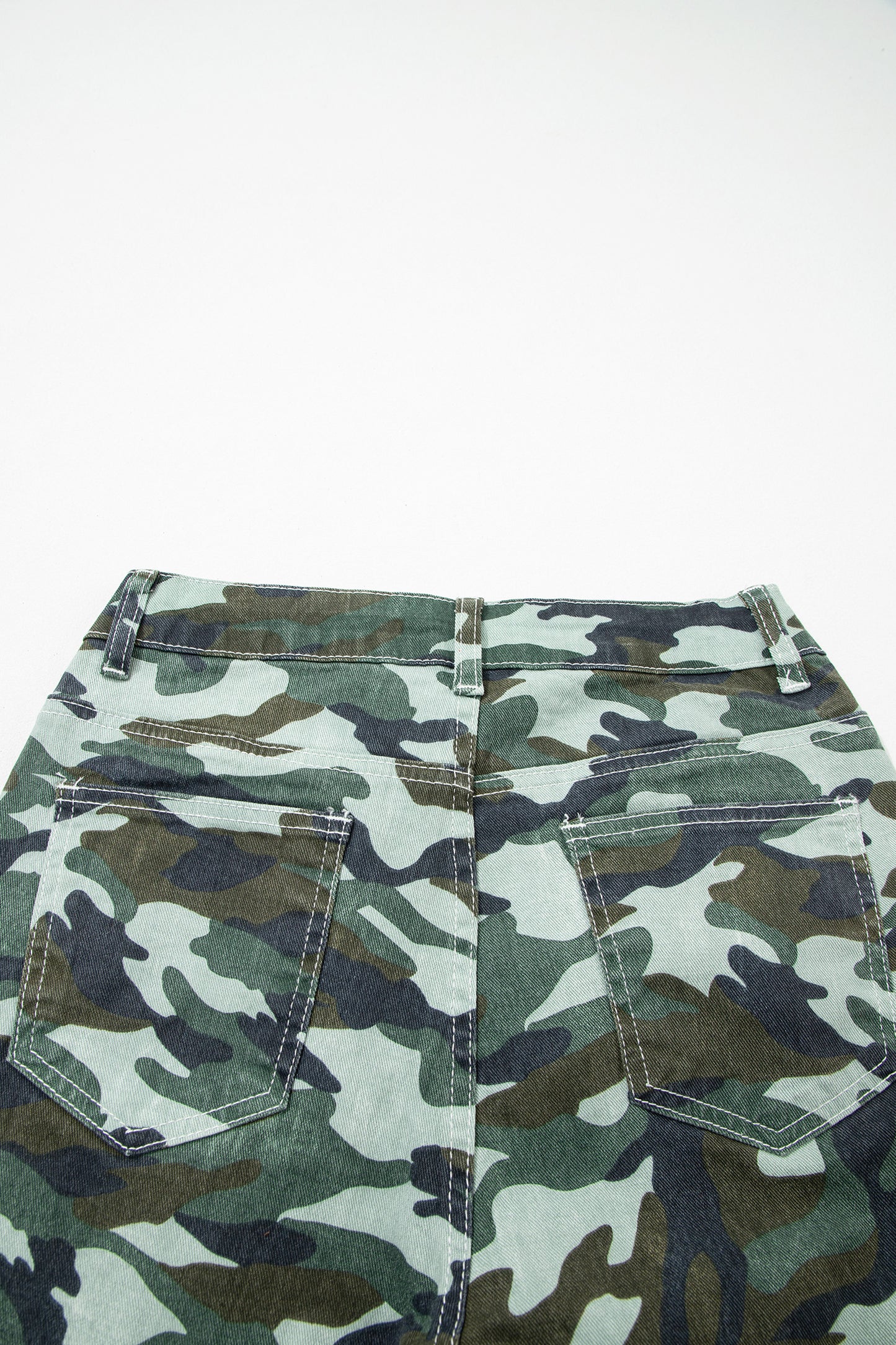 Green Camo Print Wide Leg Drawstring Denim Pants