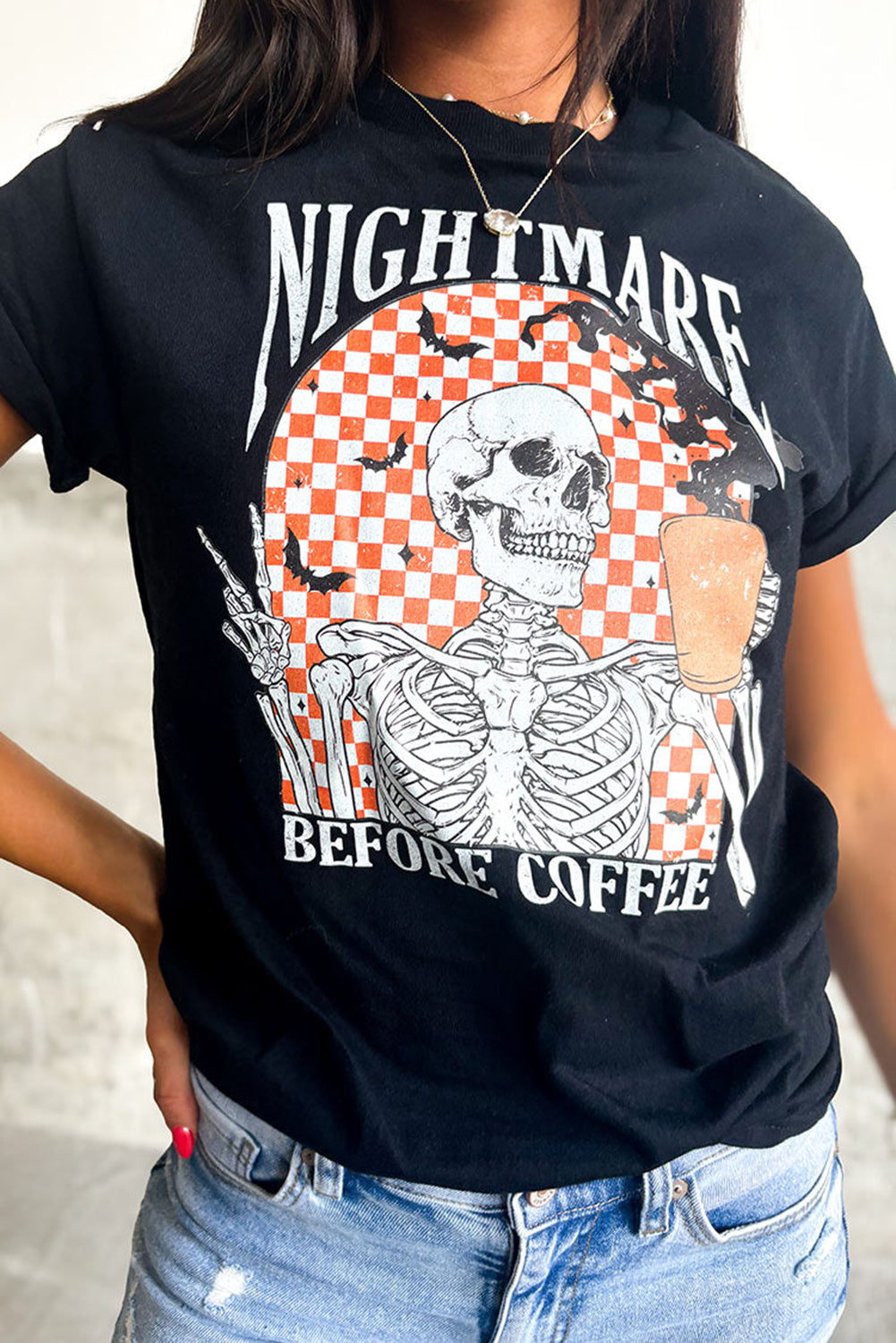 Black Nightmare Coffee Skeleton Halloween Graphic T Shirt