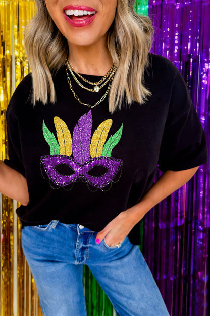 Black Glitter Mardi Gras Mask Feather Graphic Tee