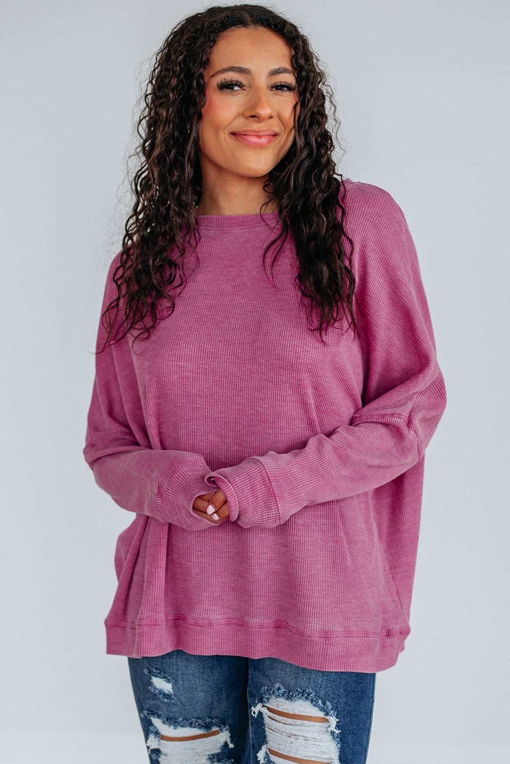 Waffle Knit Loose Long Sleeve Casual Top