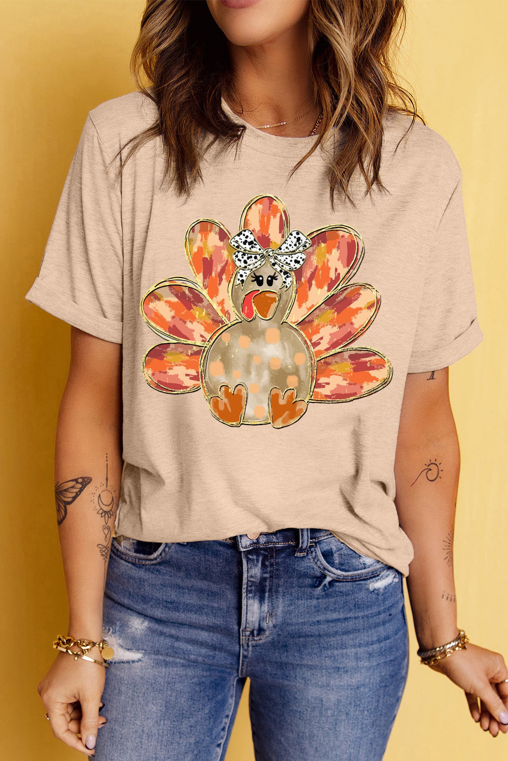 Khaki Bowknot Turkey Graphic Tee for Women Thanksgiving Top