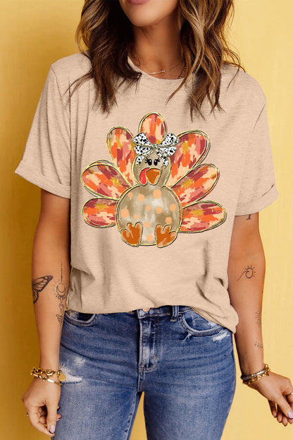 Khaki Bowknot Turkey Graphic Tee for Women Thanksgiving Top