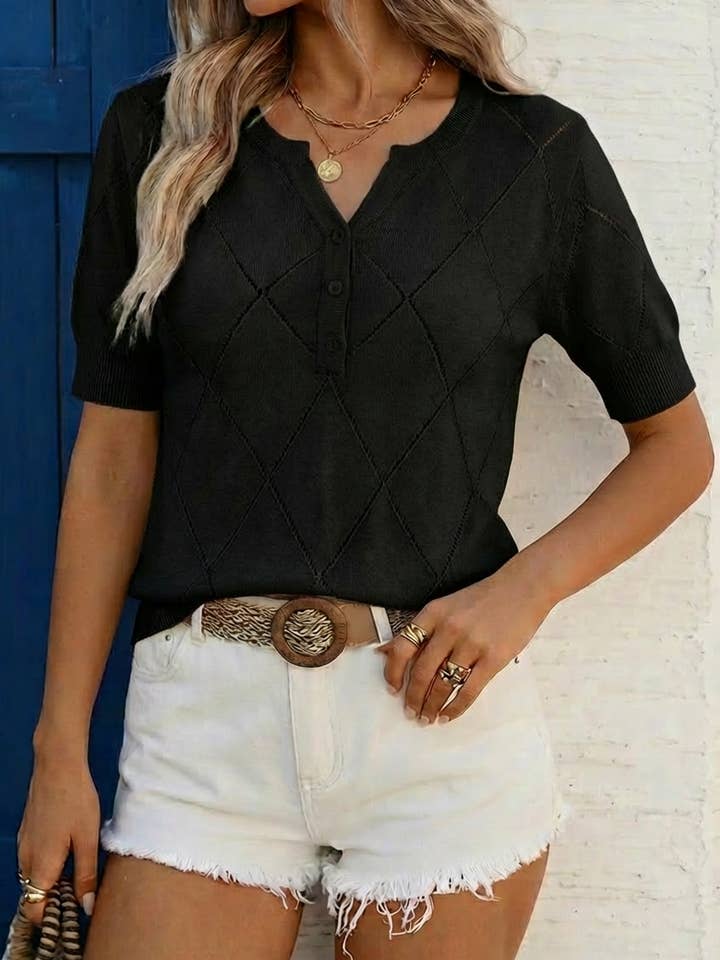 Argyle Diamond Knit Henley Short Sleeve Sweater Top