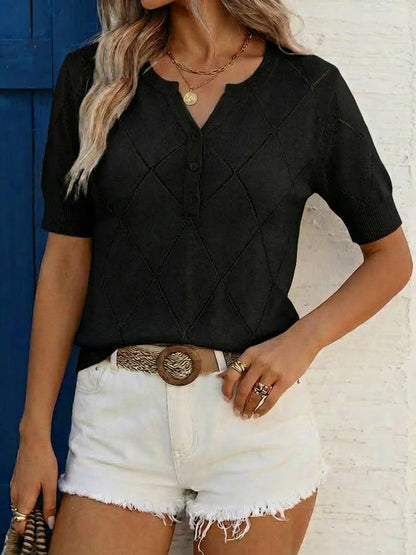 Argyle Diamond Knit Henley Short Sleeve Sweater Top