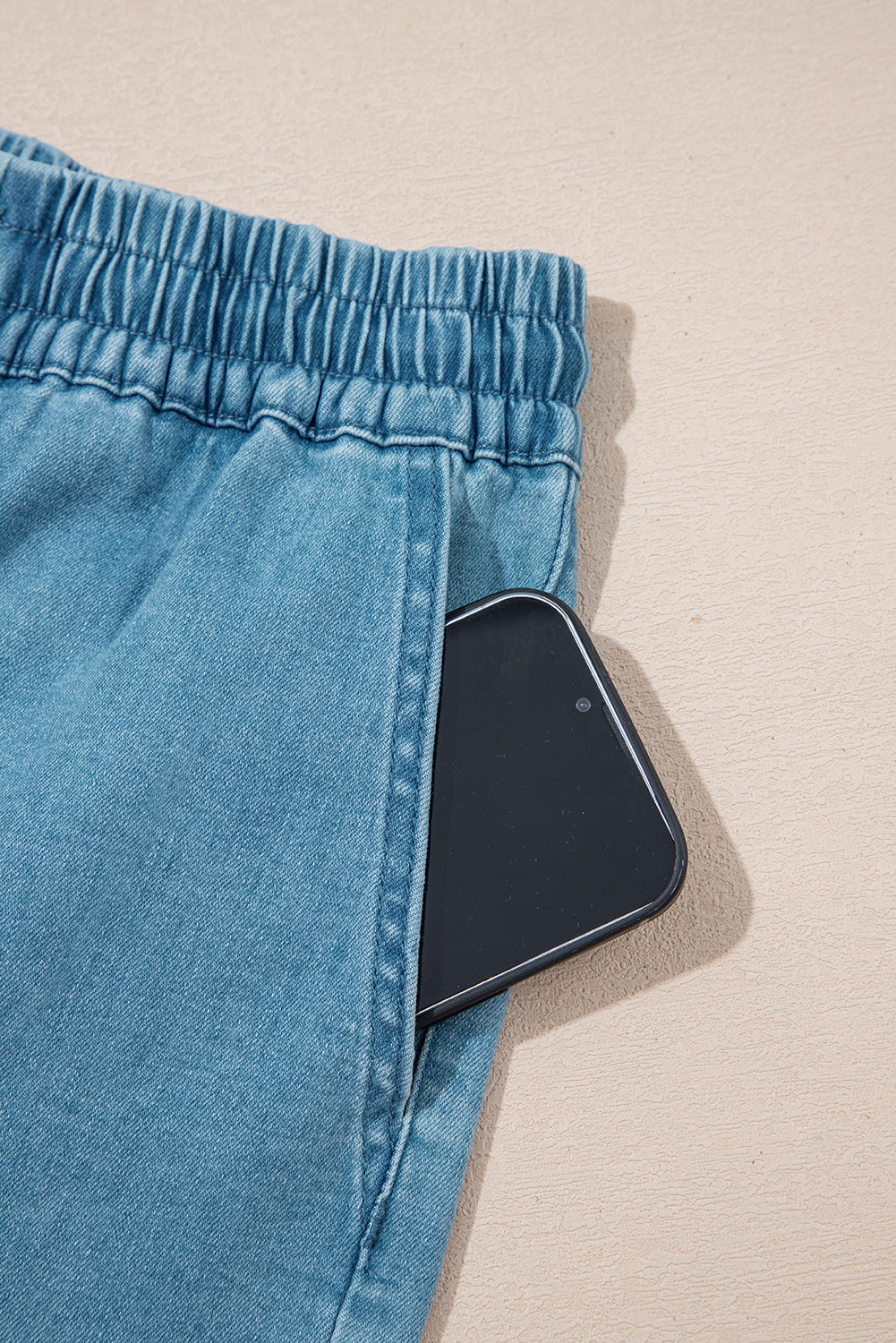 Light Wash Drawstring Denim Shorts Elastic Waist Pockets