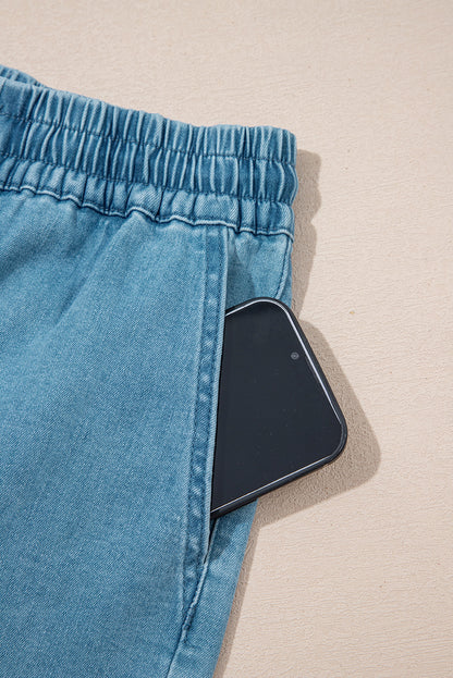Light Wash Drawstring Denim Shorts Elastic Waist Pockets