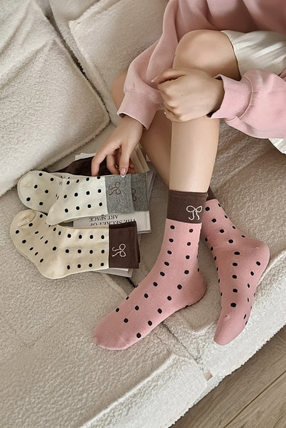 Polka Dot Bow Crew Socks Soft Cute Contrast Block