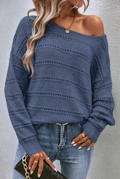 Light Grey Boat Neck Drop Shoulder Pointelle Knit Sweater