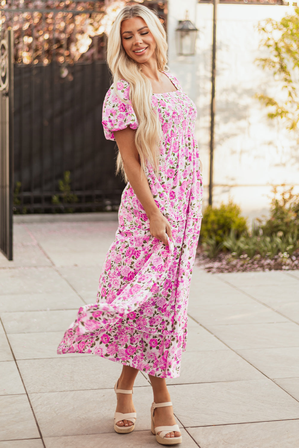Easter Pink Floral Square Neck Puff Sleeve Maxi Dress