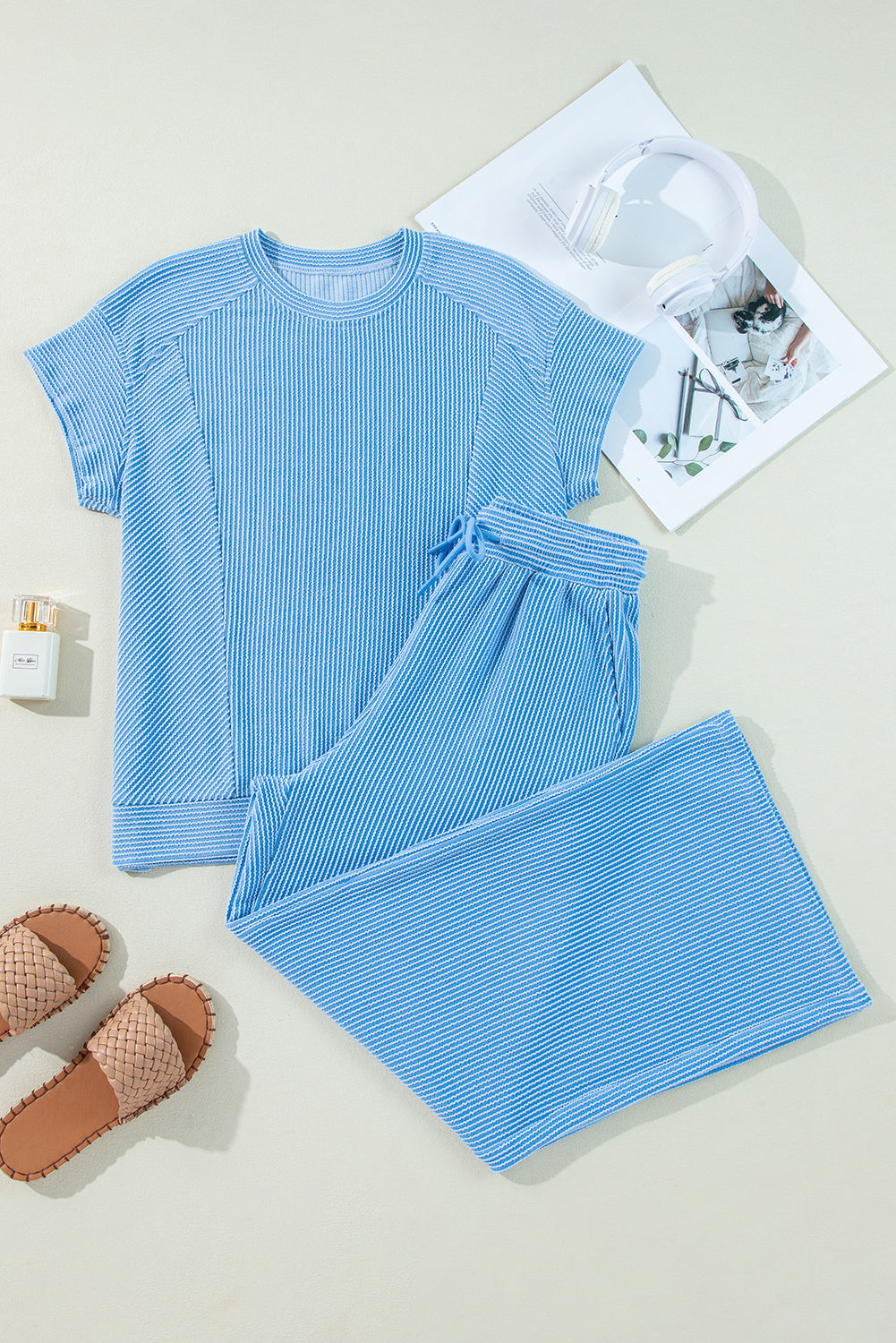 Blue Ribbed Knit Lounge Set Wide Leg Pants Outfit