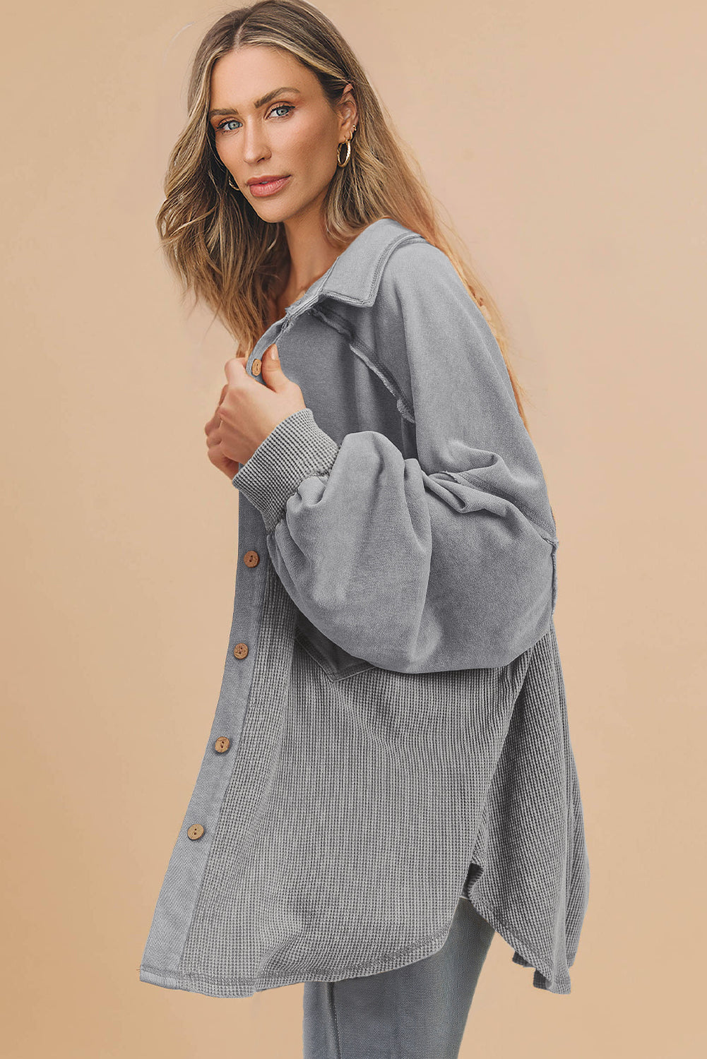 Black Waffle Knit Button Down Shacket Oversized Long Sleeve Top