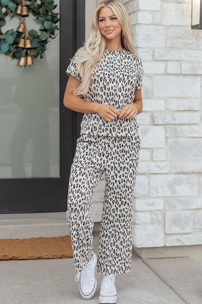 Beige Leopard Print Short Sleeve Top and Wide Leg Pants Set