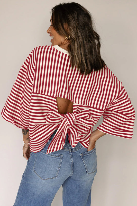 Red Stripe Bow Cutout Back Drop Shoulder Loose Tee