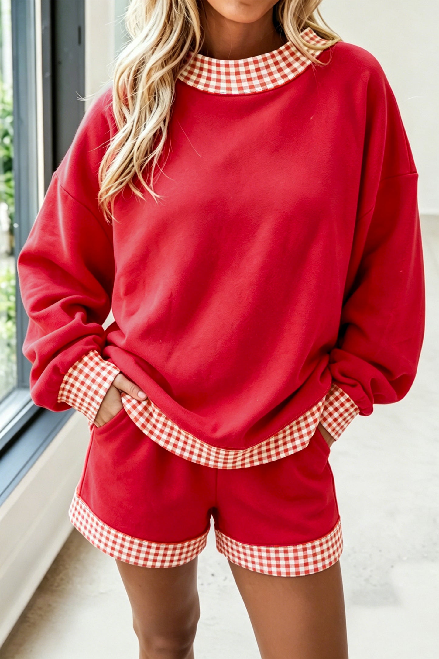 Red Gingham Trim Sweatshirt Shorts Two Piece Set