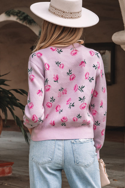 Sweet Floral Print Drop Shoulder Cropped Knit Sweater