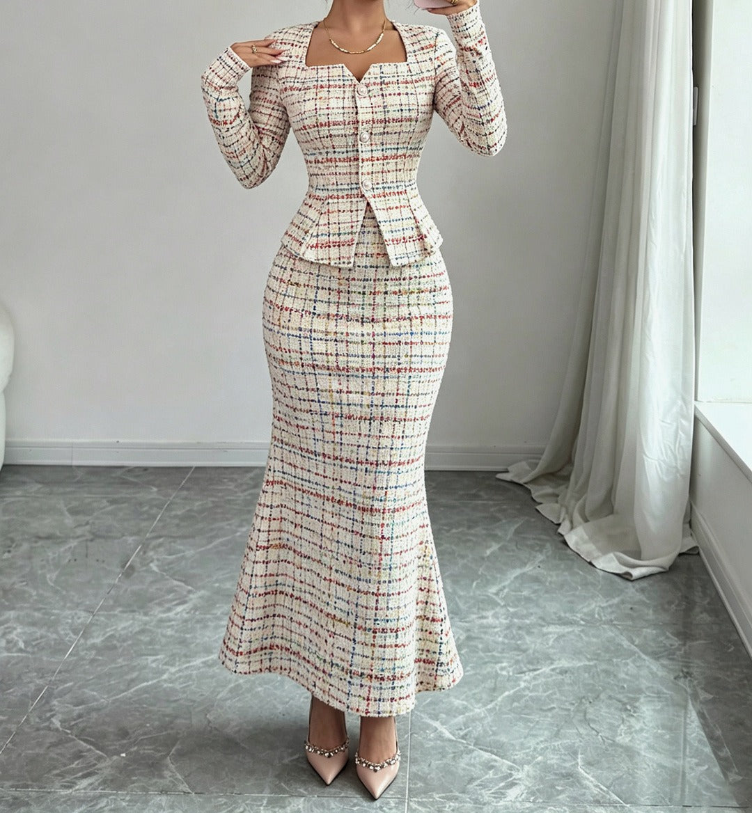 Women Elegant Tweed Blazer Dress 2 Piece Set